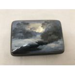 A Russian painted lacquered box depicting a night snow scene with abalone shell sunrise