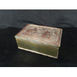 A copper French print plate "La Presentation" incorporated into a padded brass jewellery casket