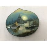 A Russian painted box in the form of a sea shell of St Petersburg on the harbour by artist Mitosov