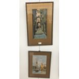A watercolour depicting a Continental street scene, indistinctly signed,