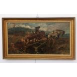 An oil on canvas depicting working horses, bearing signature lower right,