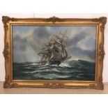 Anthony Hedges (20th century): an oil on canvas depicting a seascape with a three-masted ship,