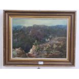 An oil on canvas depicting a mountainous woodland scene, probably New Zealand/Australian,