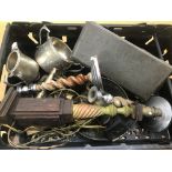 A box of metalware to inc flatware, chambersticks, hot water bottle,