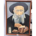 An oil on canvas depicting a rabbi, signed lower right & inscribed 'Our daily bread',