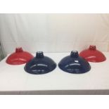 Four industrial metal and enamel pendant lamp shades: red and blue