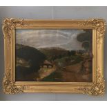 A 19th century oil on canvas depicting figures in an extensive rural landscape,