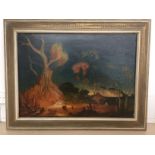 Travel School (19th/20th century): Figures around a camp fire in a wooded landscape, oil on canvas,