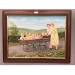 An oil on board depicting children being pushed in a cart, signed, labelled verso,