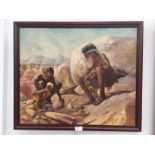 An Australian oil painting on canvas depicting an Aboriginal tribal scene, signed 'J Stevenson',