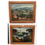 Two 19th century reverse glass painted pictures of a castle and moat,