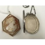 A HM silver locket and chain with gold mounted cameo