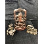 Three Indian Ganesh icon statues - bronze and wood