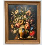 A large oil on board depicting a floral still life, signed Rima,