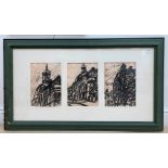 A single-mounted montage of three architectural studies, charcoal, unsigned, each study approx.
