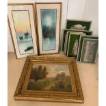 Two seascape watercolours signed Morris, a landscape oil & a quantity figural pewter pictures,
