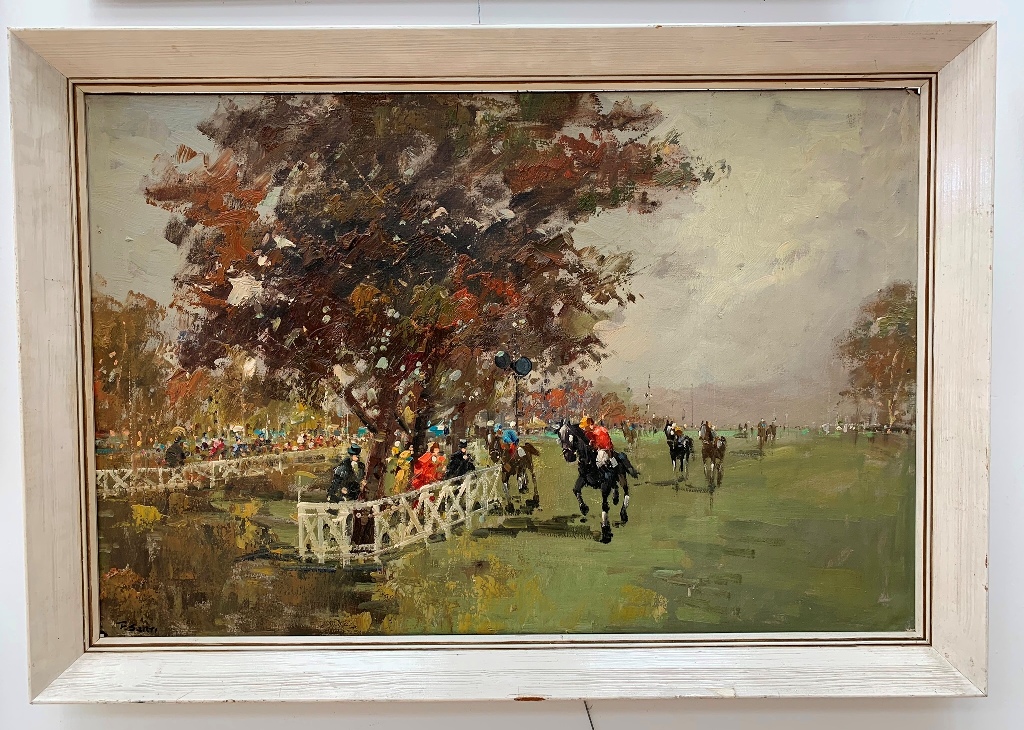 An oil on canvas depicting a horseracing scene, 'Derby', by F.