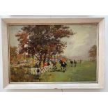 An oil on canvas depicting a horseracing scene, 'Derby', by F.