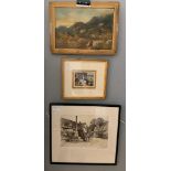 Three pictures to inc a watercolour in the manner of Birket Foster, an oil signed A.