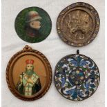 Four miniature items to inc a relief roundel of the Last Supper, a decorative Persian enamel,
