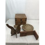 Metal bound chest together with Bone inlaid wooden items,