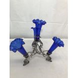 An Art Nouveau-style EPNS epergne with four blue trumpet glass