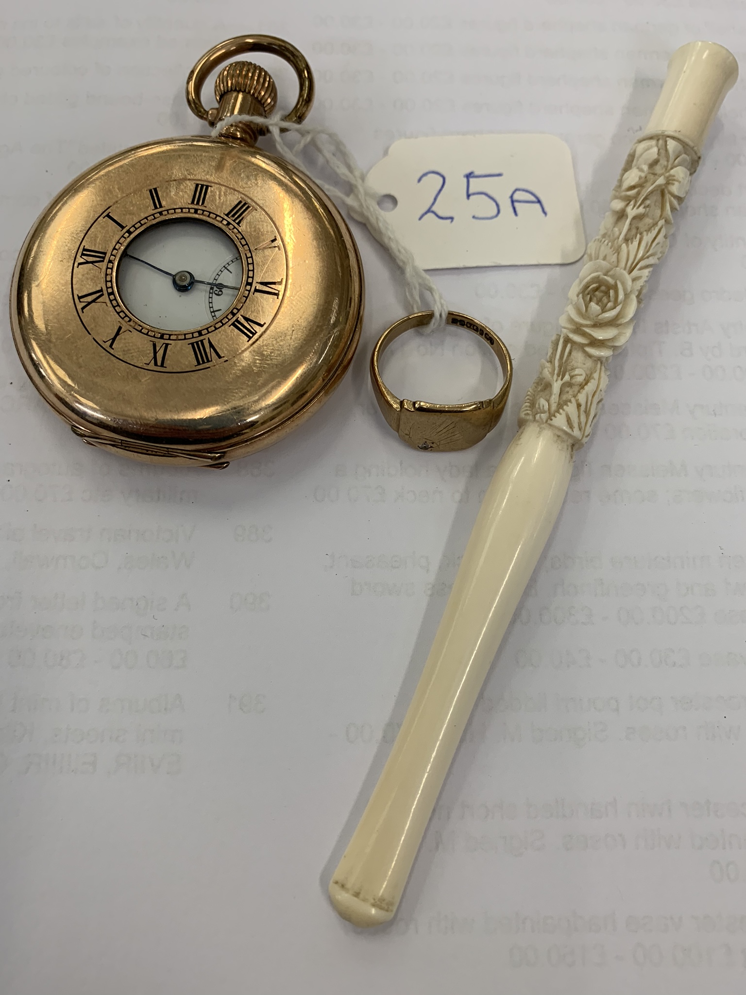 A 9ct gold signet ring together with a gold plated half hunter poecket watch & A 1920s ivory