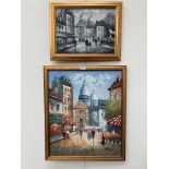 A monochrome oil on canvas of a street scene together with colour version by W.