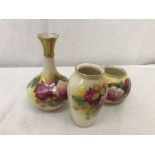 Three Royal Worcester vases handpainted with roses. All signed M.