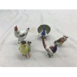 Five Meissen miniature birds; peacock, pheasant, cockeral, owl and greenfinch.
