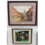 Two watercolours of street scenes with figures,variously signed,