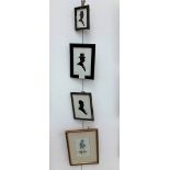 Three framed silhouettes, the largest 16 x 12 cm, together with print of Otto Madden, Jockey,
