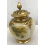 A Royal Worcester pot pourri lidded vase, handpainted with roses. Signed M.