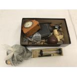 A box of vintage odds to inc corkscrews, an ivory-handled boot pull, glasses, clock, treen,