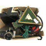 A box of odds to inc cameras, bakelite, glass,