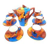 A Royal Winton Ivory Handpainted Art Deco Coffee set: Abstract pattern with eyed sunburst