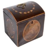 A Regency Tea Caddy: Arch topped tea caddy with handle to the top within inlaid laurel wreath,