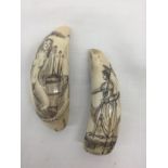 18th/19th Century Scrimshaw Teeth: One with a naked lady and harpoon design,
