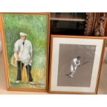 Two works of cricketing interest: a study of an umpire, oil on board, 35 x 75 cm,