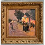 An oil on board depicting a nocturnal street scene with figures,