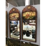 A pair of horse and hound painted mirrors (one A/F)