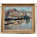 Lis Bjergsted (Danish, 1929-2011): Canal scene, probably Copenhagen, oil on canvas,