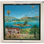 An oil on board depicting a landscape with hot air balloons,