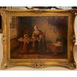 A genre scene depicting a family in an interior, oil on canvas laid on board, signed,