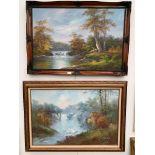 Two landscape oils on canvas depicting deer in wooded river scenes, each signed,