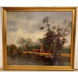 A river landscape, oil on board, signed 'Derek Harris',