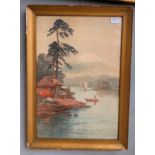 A Japanese river landscape watercolour, 19th/20th century, signed lower right,