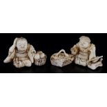 Two Japanese ivory okimono Meiji period Carved as a sitting peasant with basket of vegetables.