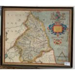 A 17th century hand-coloured map of Northumbria,