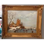 A winter landscape with skaters in the early Dutch manner, oil, signed,